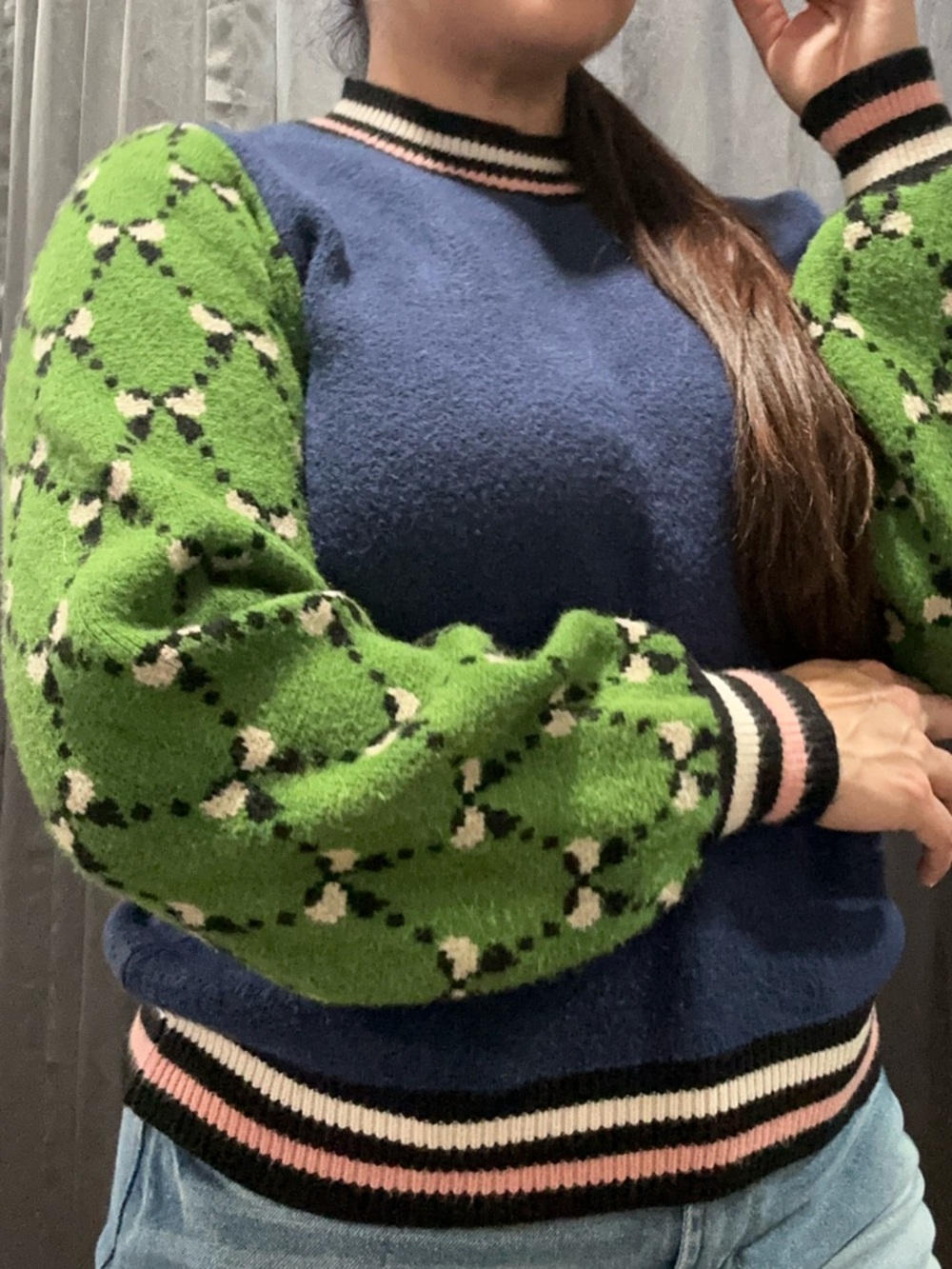 THML Blue Crewneck Sweater with Green Patterned Sleeves